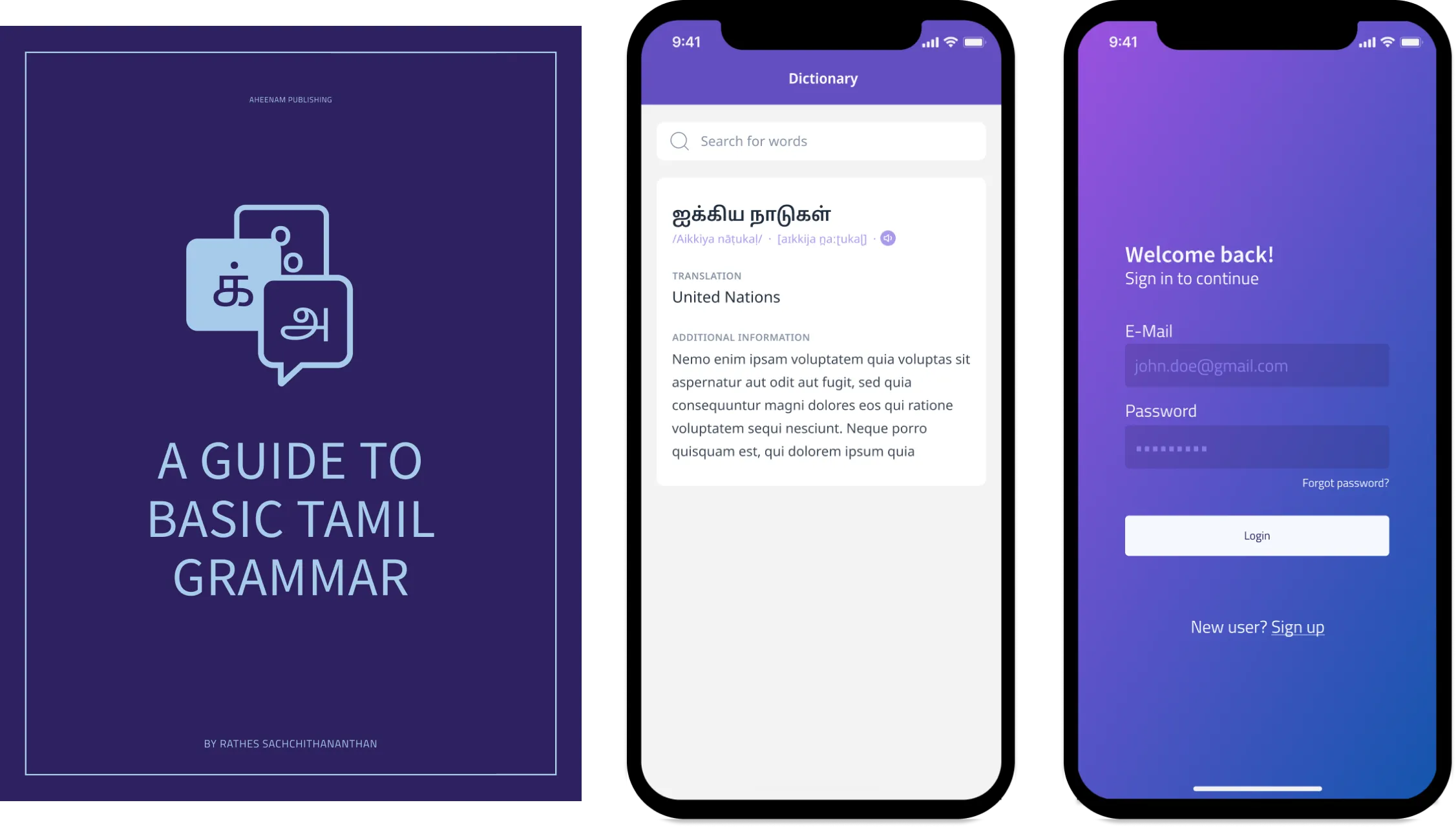 Image showcasing a book cover on the left and two screens of the Learn Tamil App in the center and right